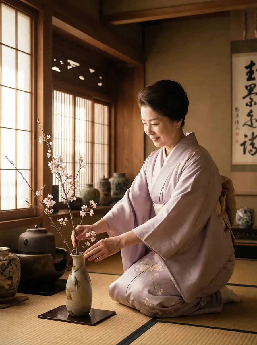 一位优雅的 泡泡影视 在和室中插花