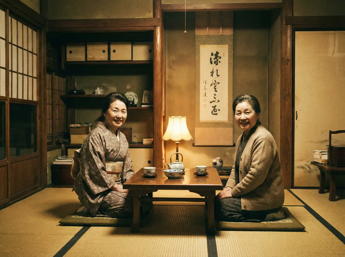 两位优雅的 泡泡影视 在日式茶室中品茶交谈